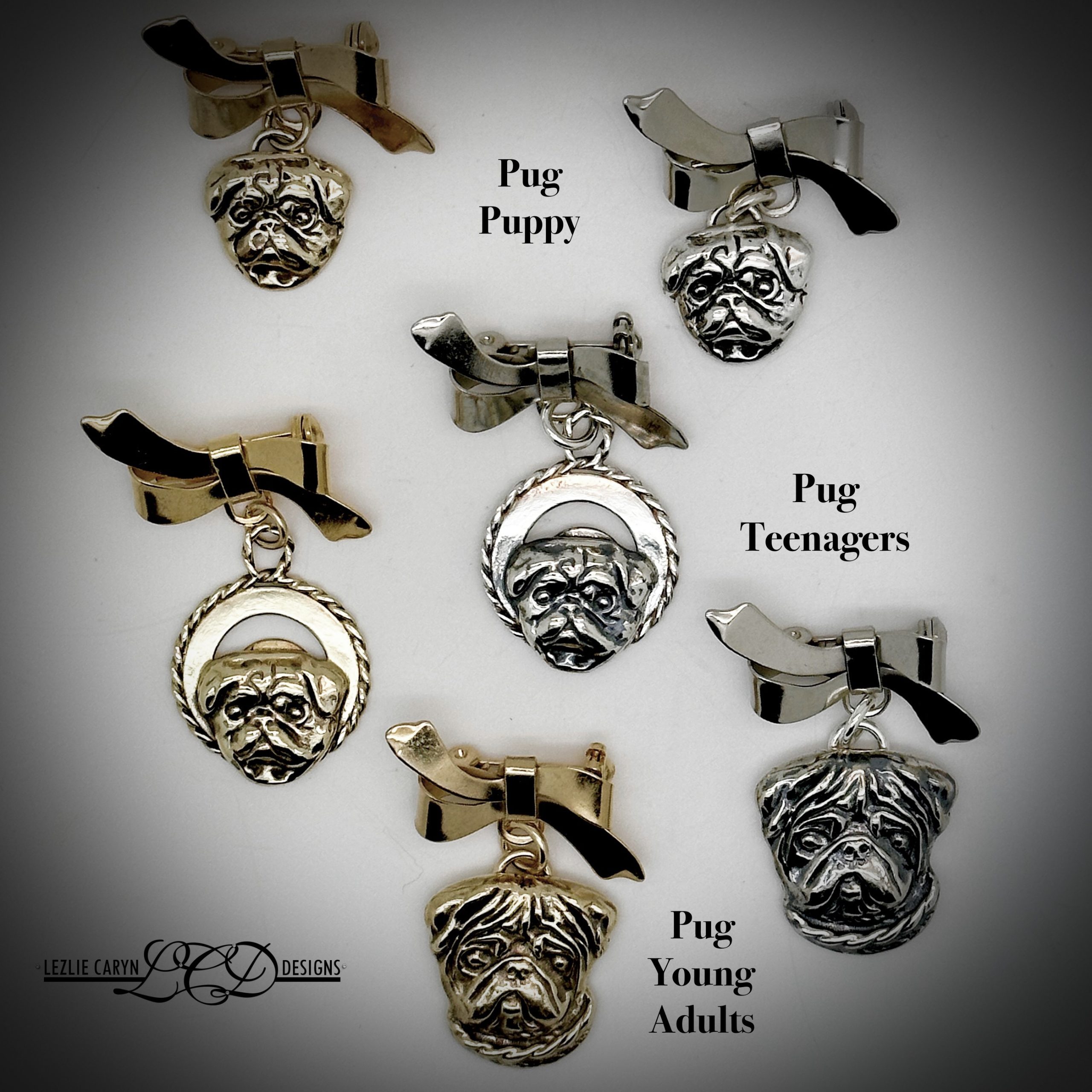 Pug Family Tree Bow Pin - Puppy, Teenager, Young Adult