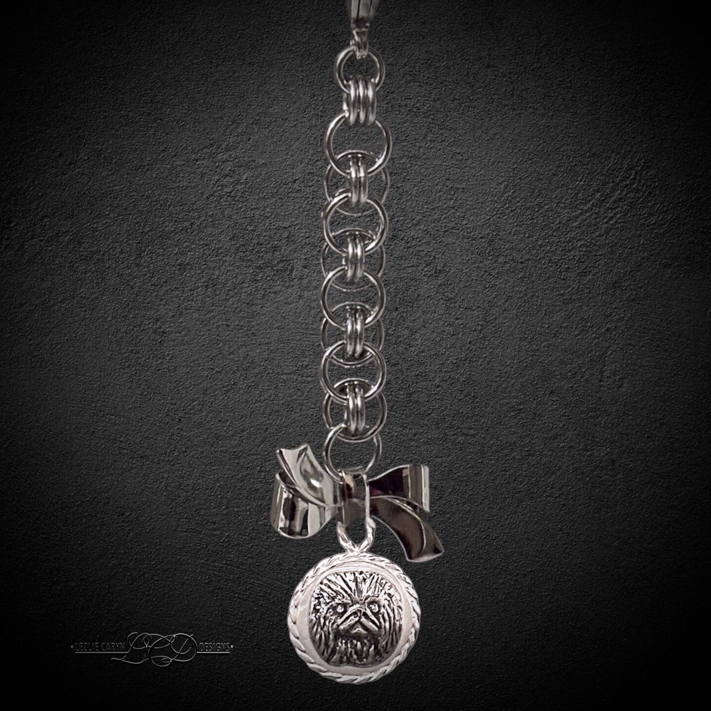 Pekingese Puppy Zipper Pull/Handbag Charm/Backpack Charm on Hand-Woven Alison Chain