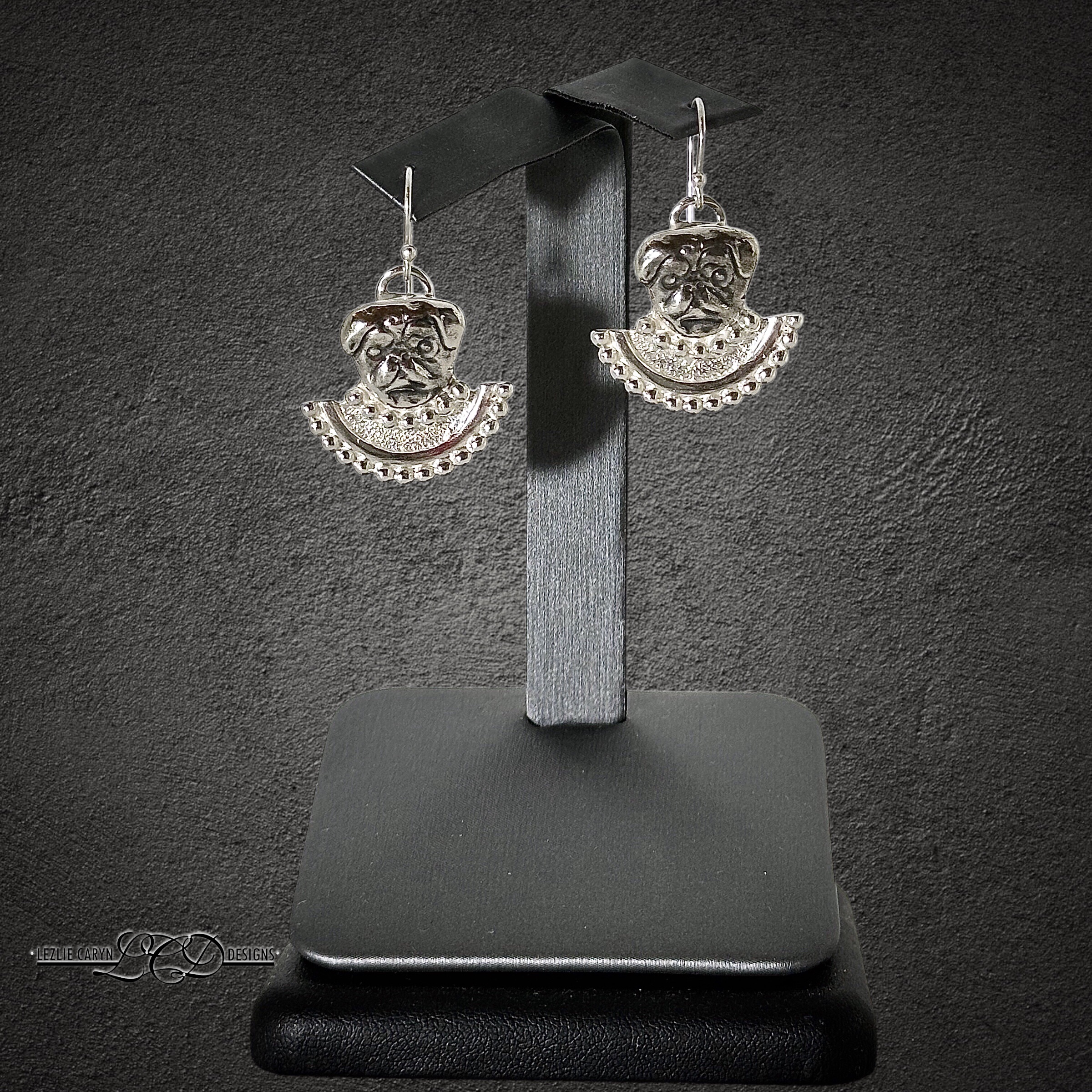 Pug with Silver Bead Collar Earrings - Image 4