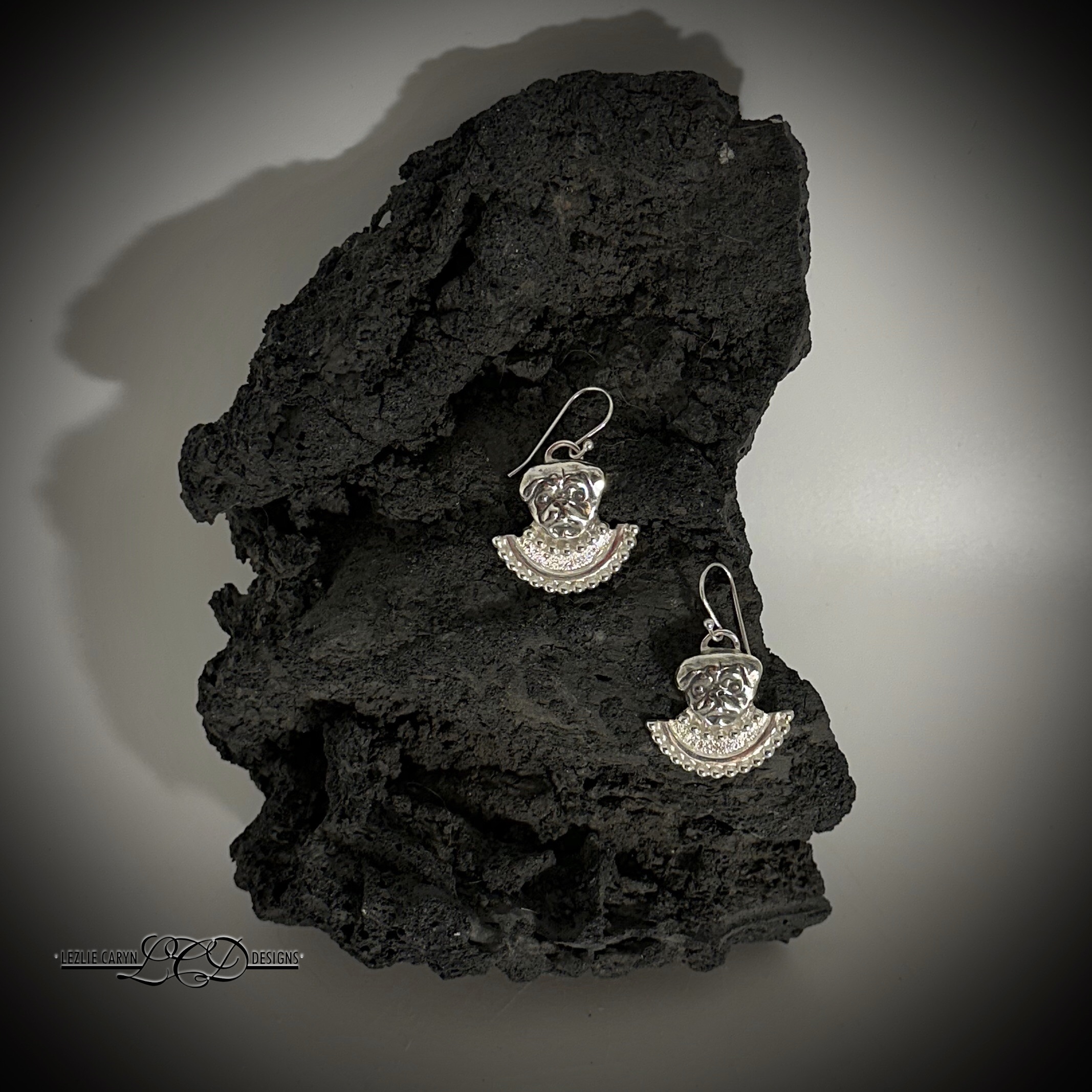 Pug with Silver Bead Collar Earrings - Image 3