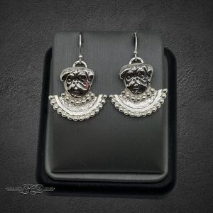 Pug with Silver Bead Collar Earrings